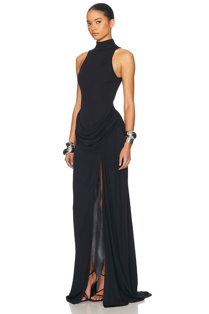 High Neck Ruched High Slit Party Dress