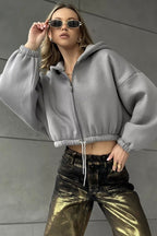 Cropped Waist Cinched Long Sleeve Zip-Up Hoodie