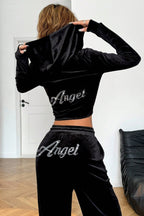 Y2K Retro Solid Loose Hooded Cardigan Two Piece Set