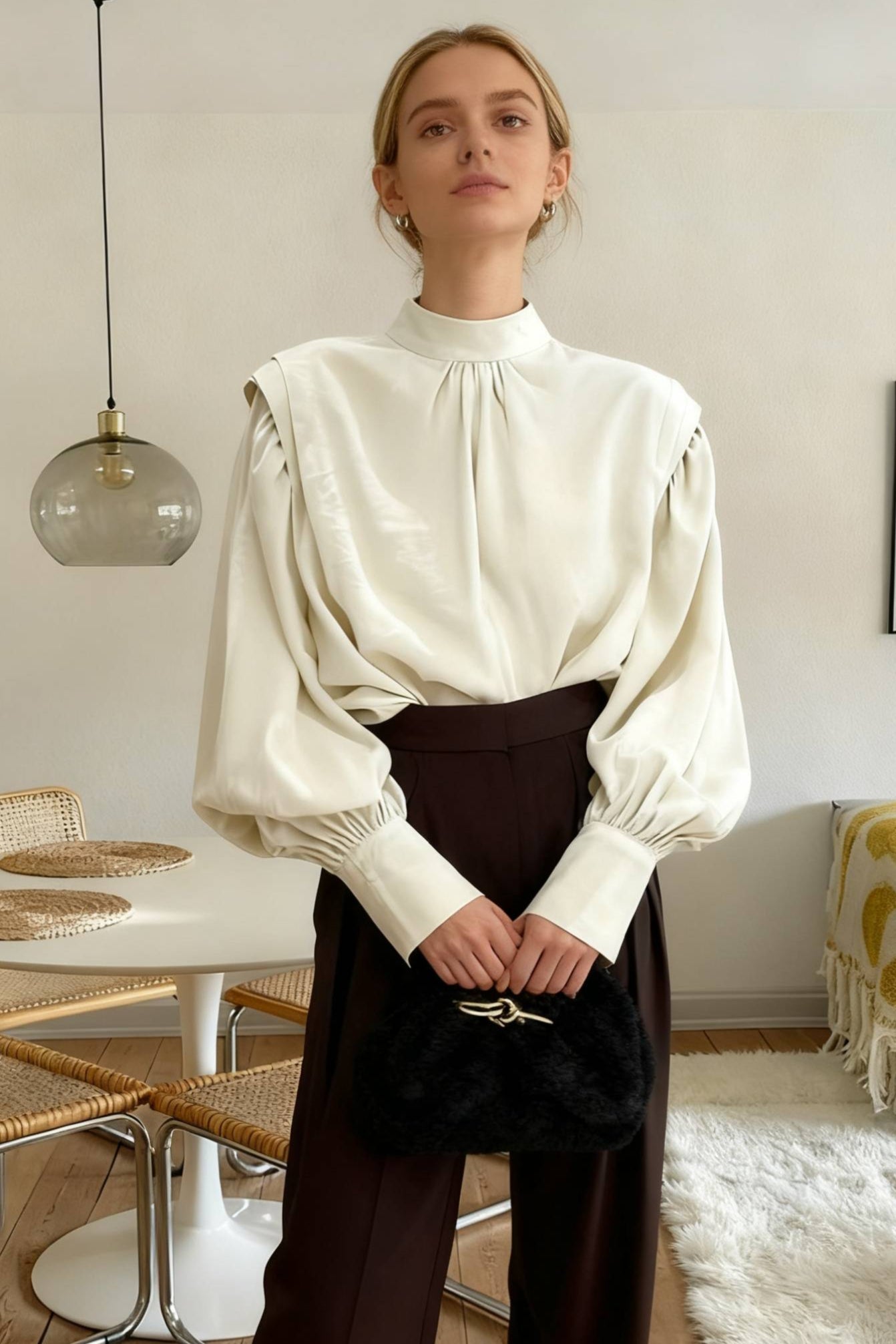 Black Lantern Sleeve Button-Up Blouse Main image