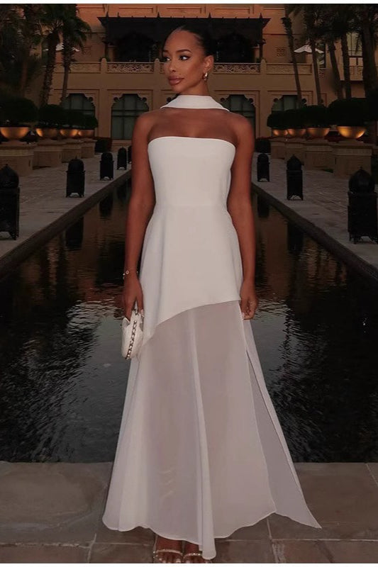 Strapless Asymmetrical Mesh Split Scarf Formal Dress Secondary image