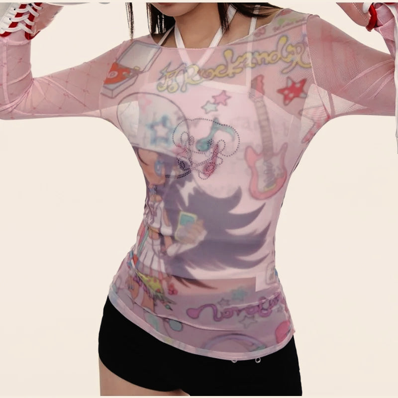 Y2K Patchwork Mesh Long Sleeve Sheer Top Secondary image