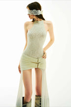 Lace High Neck Asymmetric Train Maxi Dress