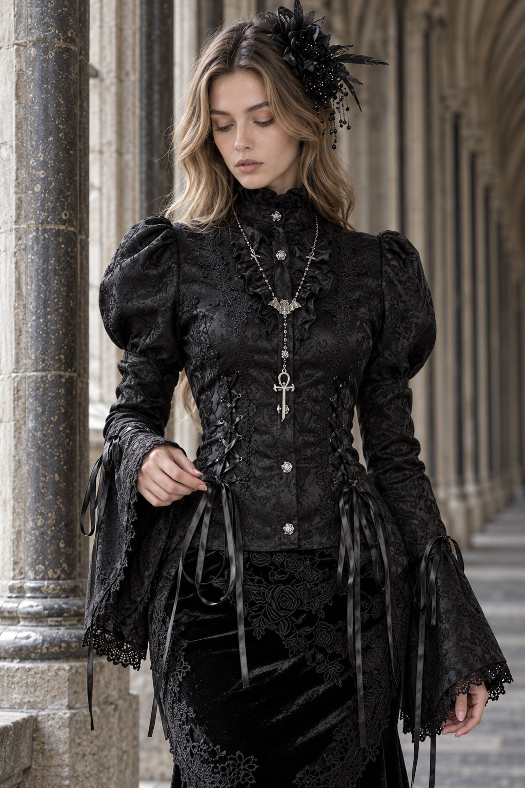Gothic Bell Sleeve Fitted Blouse