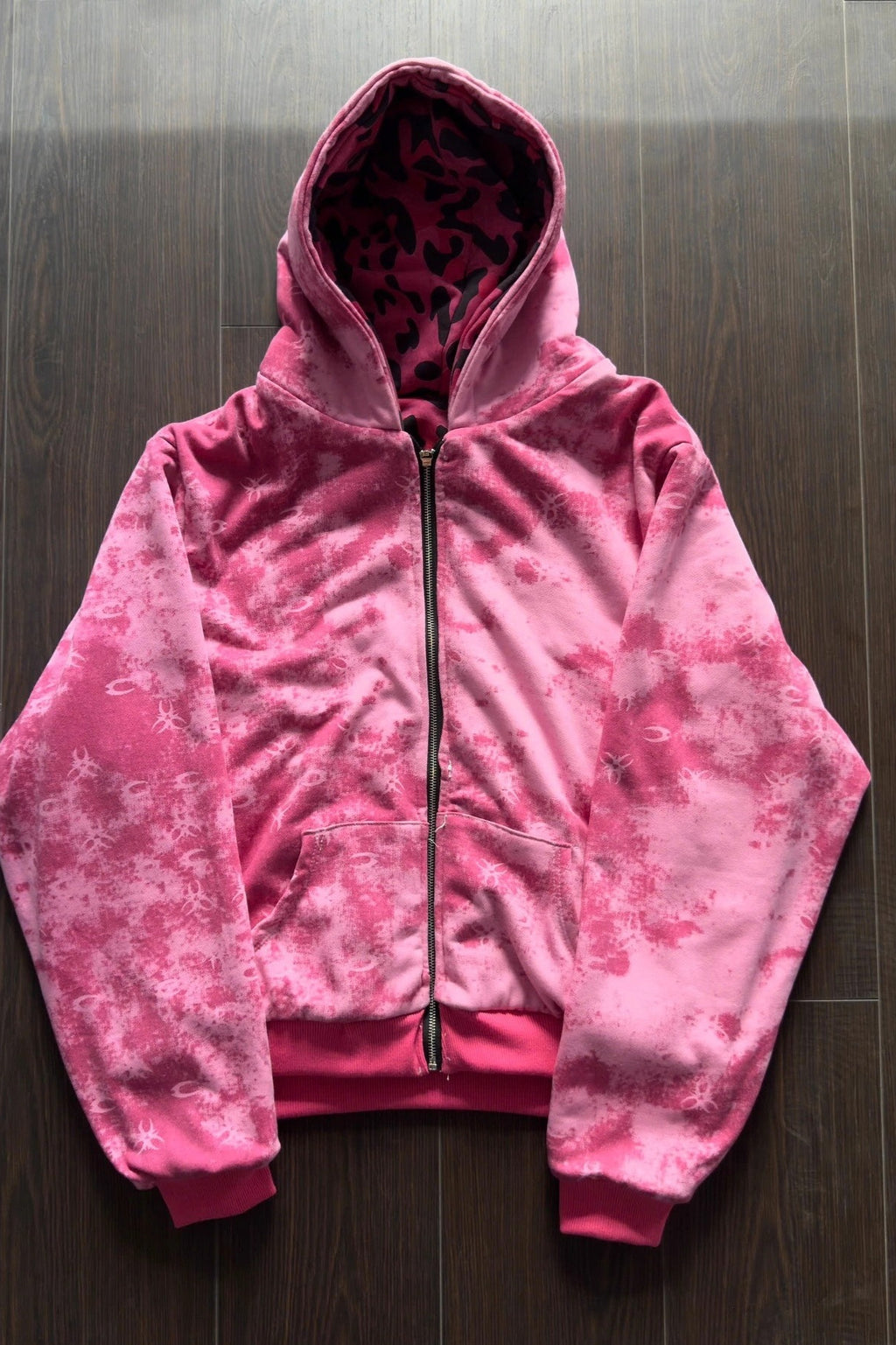 Washed Leopard Lined Zip Front Hoodie