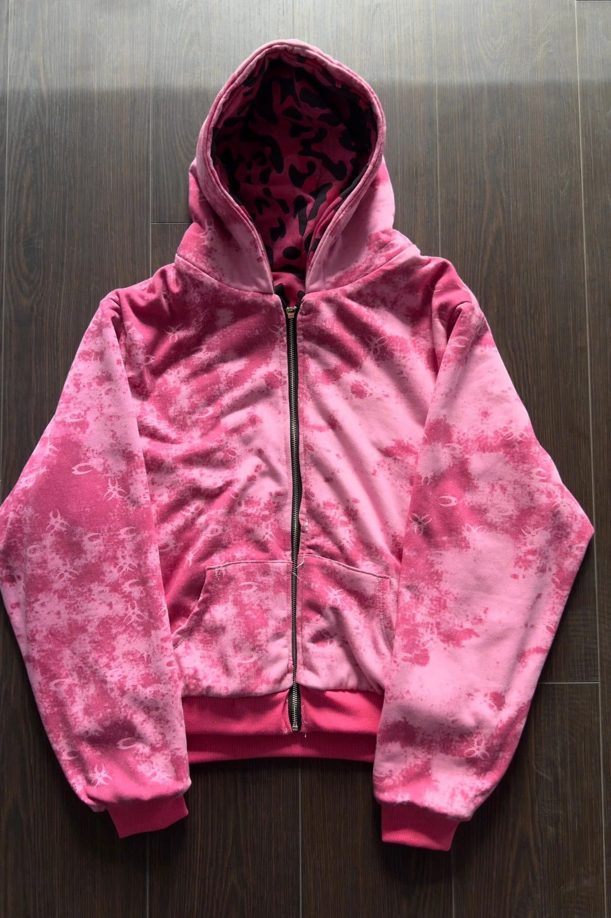 Washed Leopard Lined Zip Front Hoodie