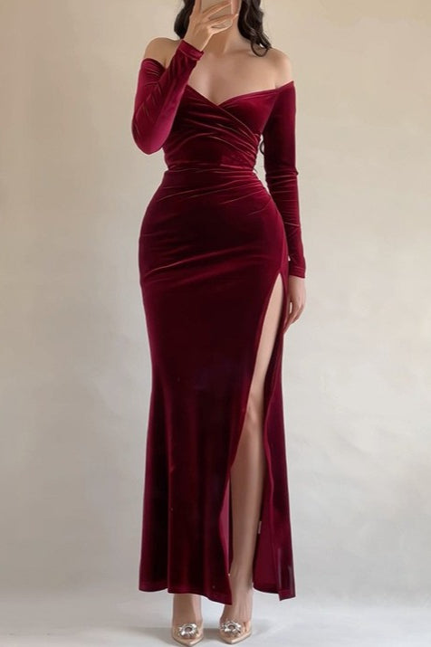 Off Shoulder High-Slit Velvet Formal Dress Main image
