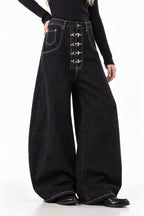 Deep Wash Draped Wide Leg Denim Jeans