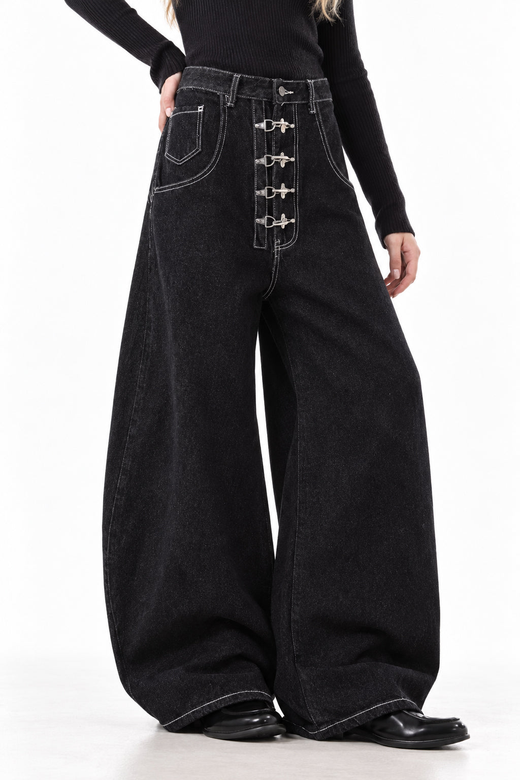 Deep Wash Draped Wide Leg Denim Jeans
