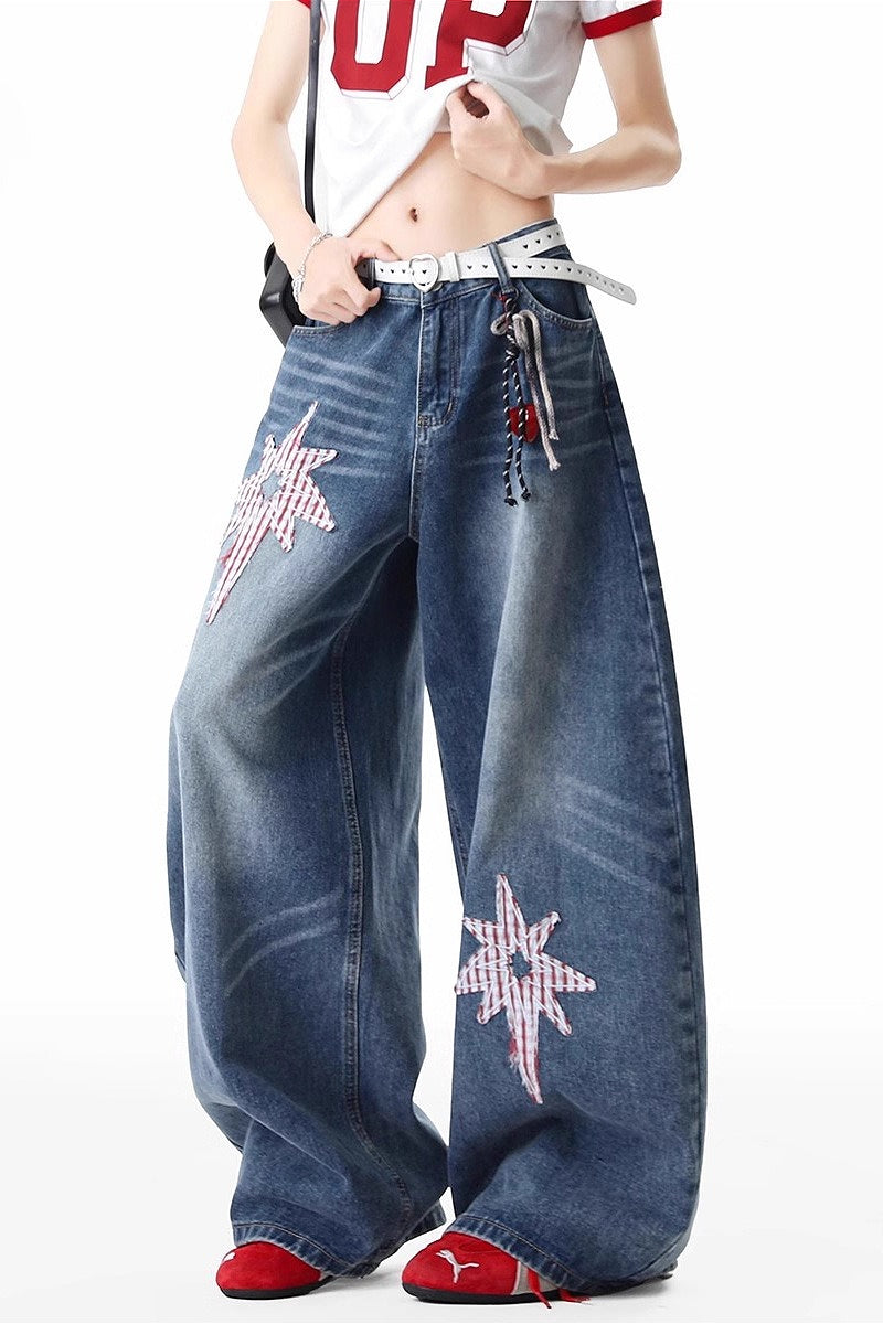 Raised Star Detail Wide Leg Streetwear Jeans
