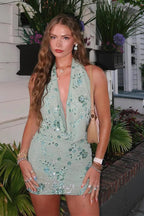Sequin Beaded Draped Neck Backless  Mini Sequin Dress