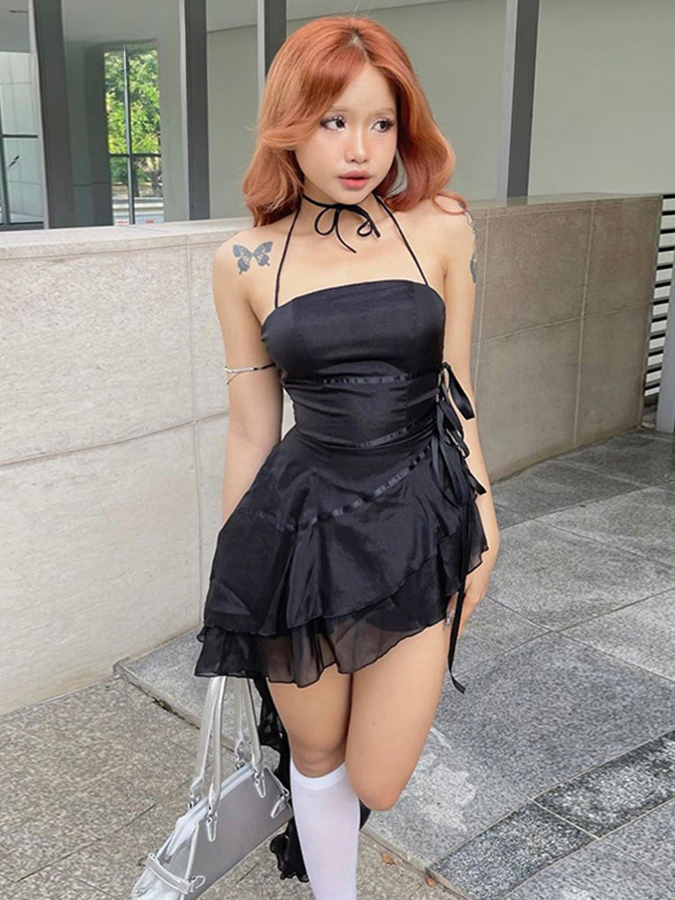 Sleeveless Halter Neck Strapless Ruffle Cap A-Line Pleated Hem Swing Tube Top Dress Main image