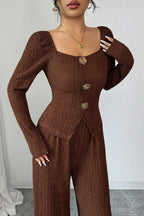 Rose Button Square Neck Top Wide Leg Pants Two Piece Set