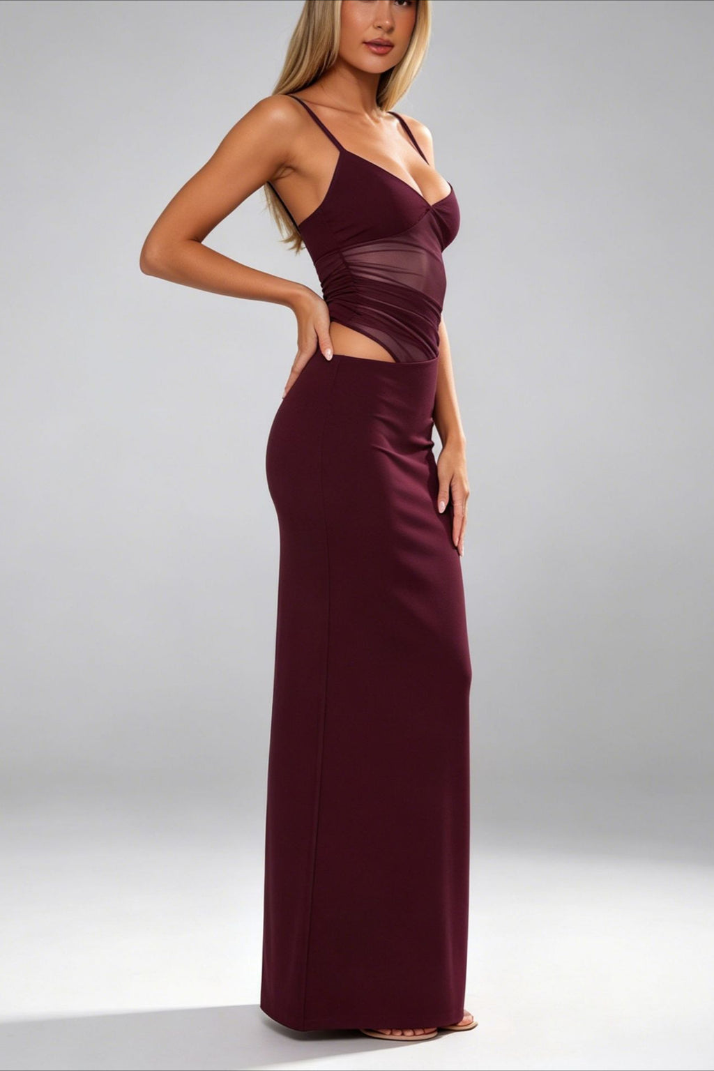 Cutout Mesh Panel Bodycon Maxi Party Dress