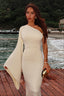 Asymmetric Neck One-Shoulder Fitted Midi Dress