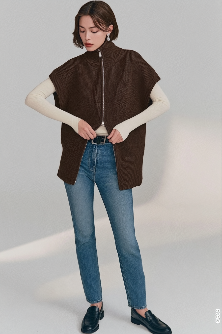 Dual Zip Turtleneck Knit Top