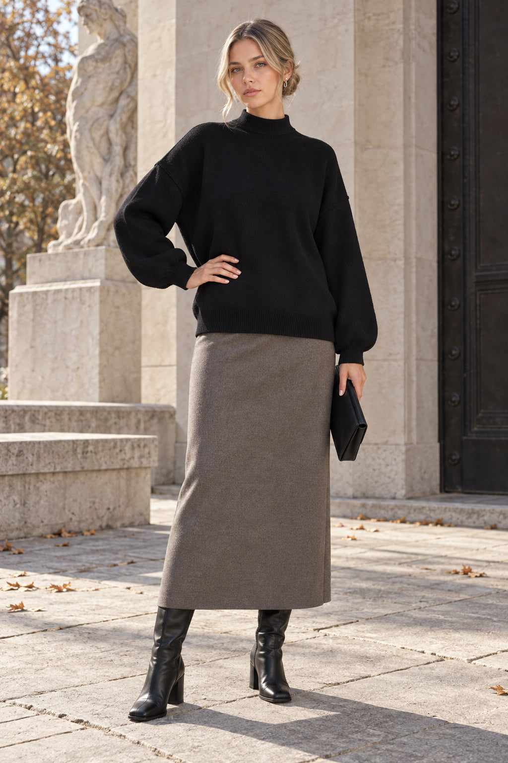 Shoulder Arm Turtleneck Knit Bubble Sweater Drop in Black Main image