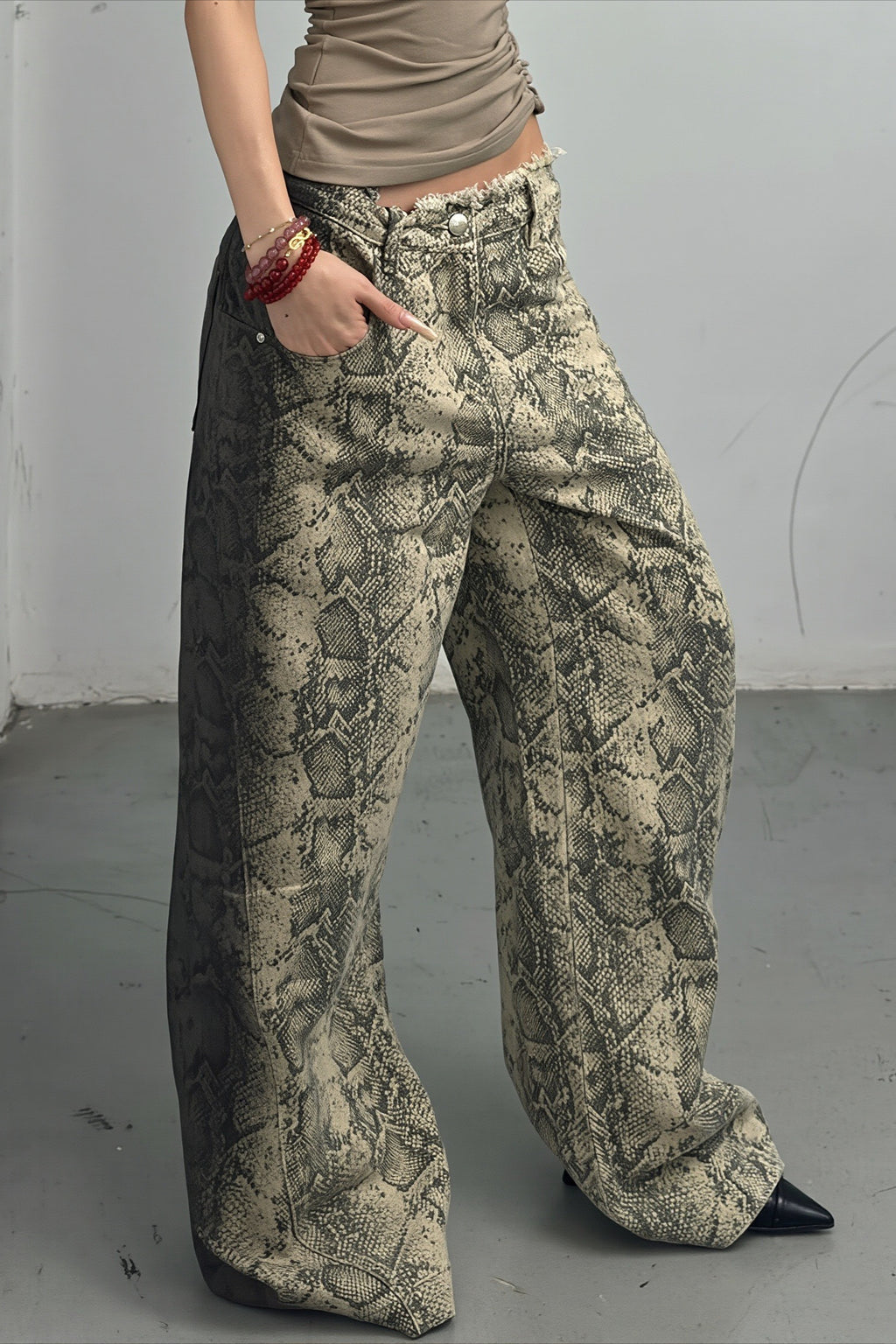 Snakeskin Print Mid Rise Wide Leg Jeans