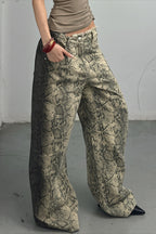 Snakeskin Print Mid Rise Wide Leg Jeans