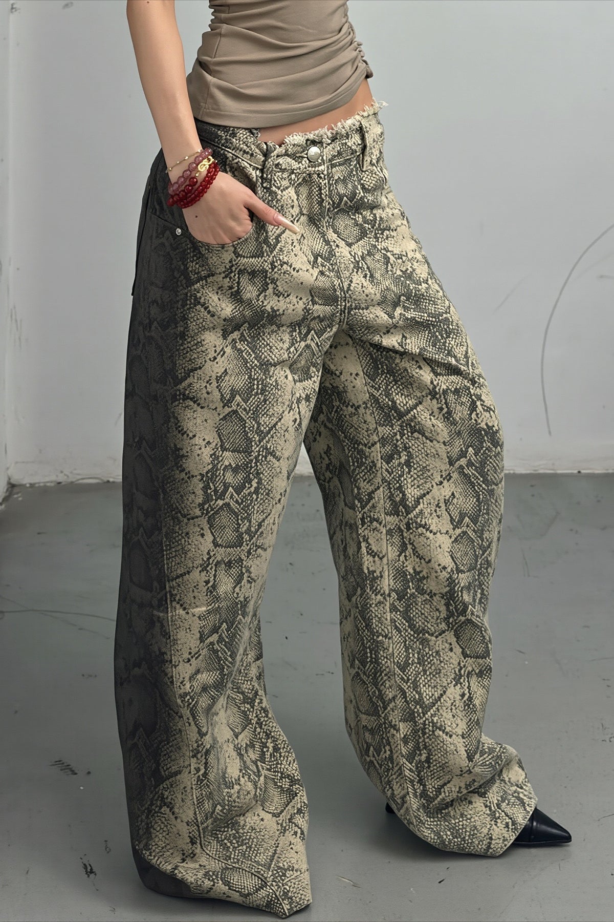 Snakeskin Print Mid Rise Wide Leg Jeans