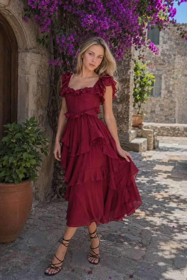 Lace Backless Tiered Ruffle Long Prom Dress
