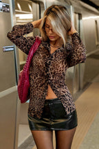 Leopard Print Sheer Long Sleeve Button Blouse