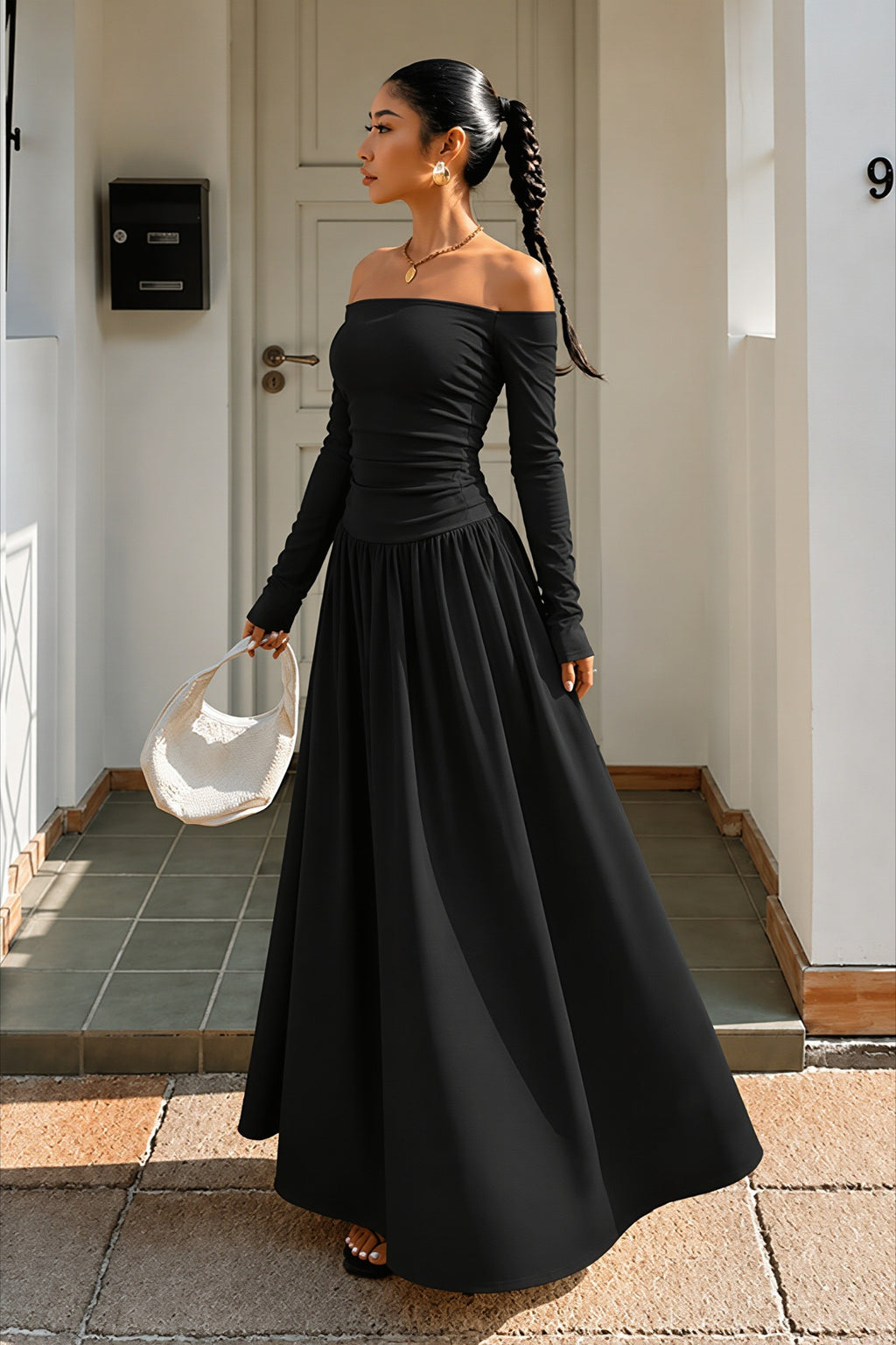 Off Shoulder Ruched Full Skirt Maxi Dress