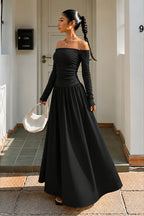Off Shoulder Ruched Full Skirt Maxi Dress