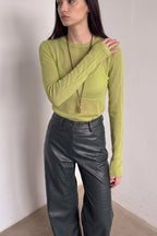 Sheer Round Neck Long Sleeve Knit Top