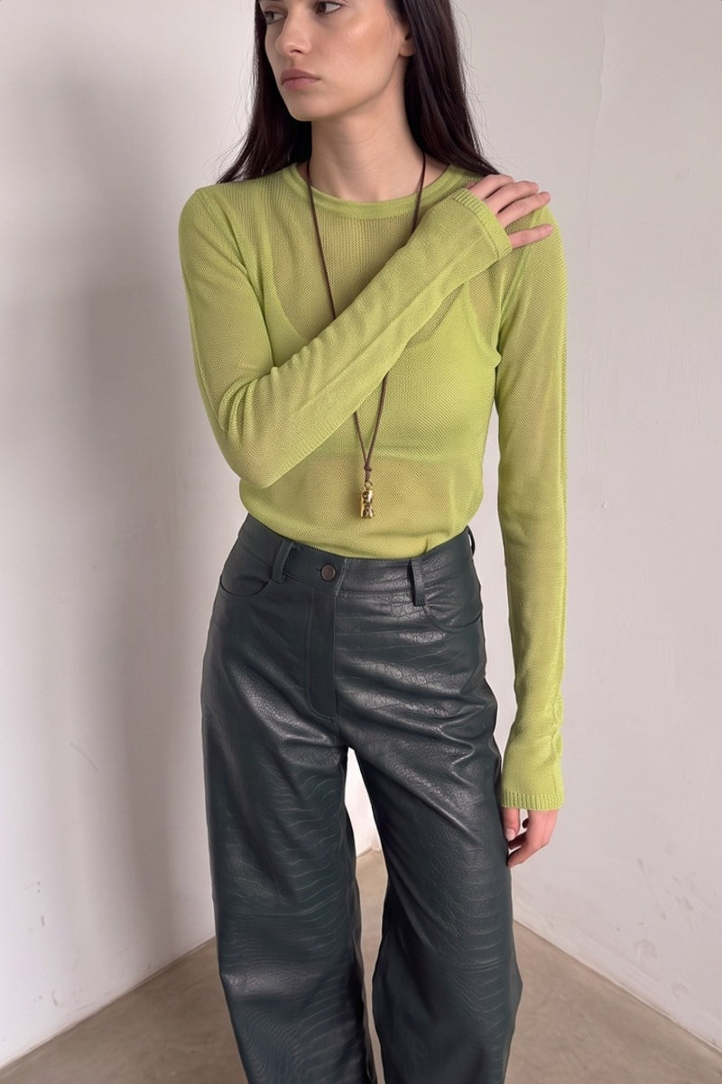 Sheer Round Neck Long Sleeve Knit Top