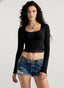 Y2K Lace Bow Paneled Slim U neck Long Sleeve Crop Top