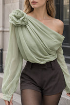 Chiffon Semi-sheer One Trendy Shoulder Asymmetrical Top