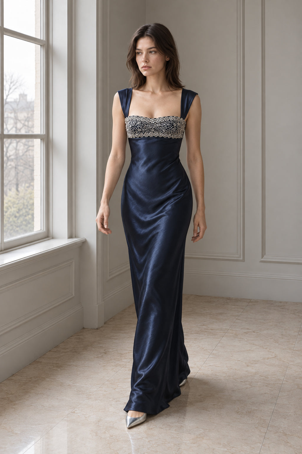 Patchwork Rhinestone Ruched Elegant Maxi Dress