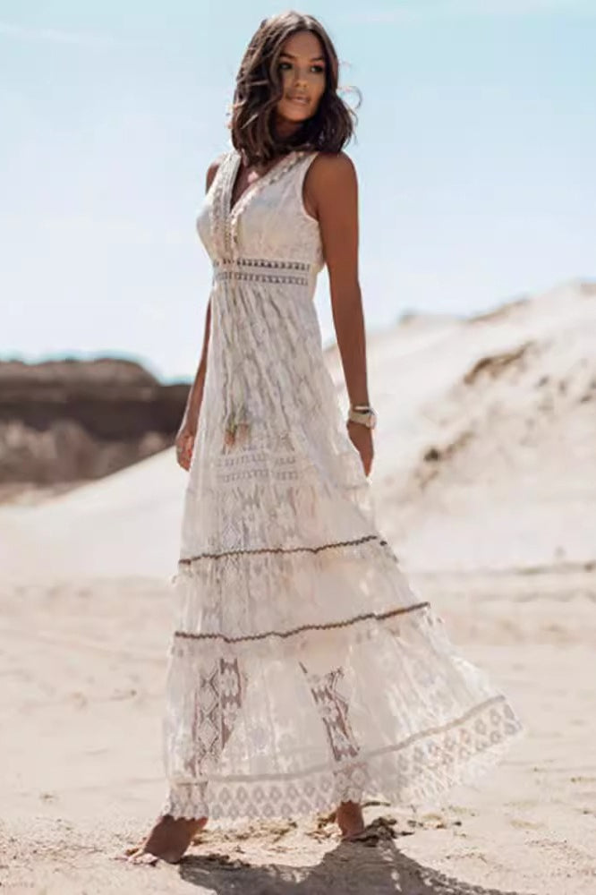 Elegant Bohemian Lace Spliced Flare Maxi Boho Dress Secondary image