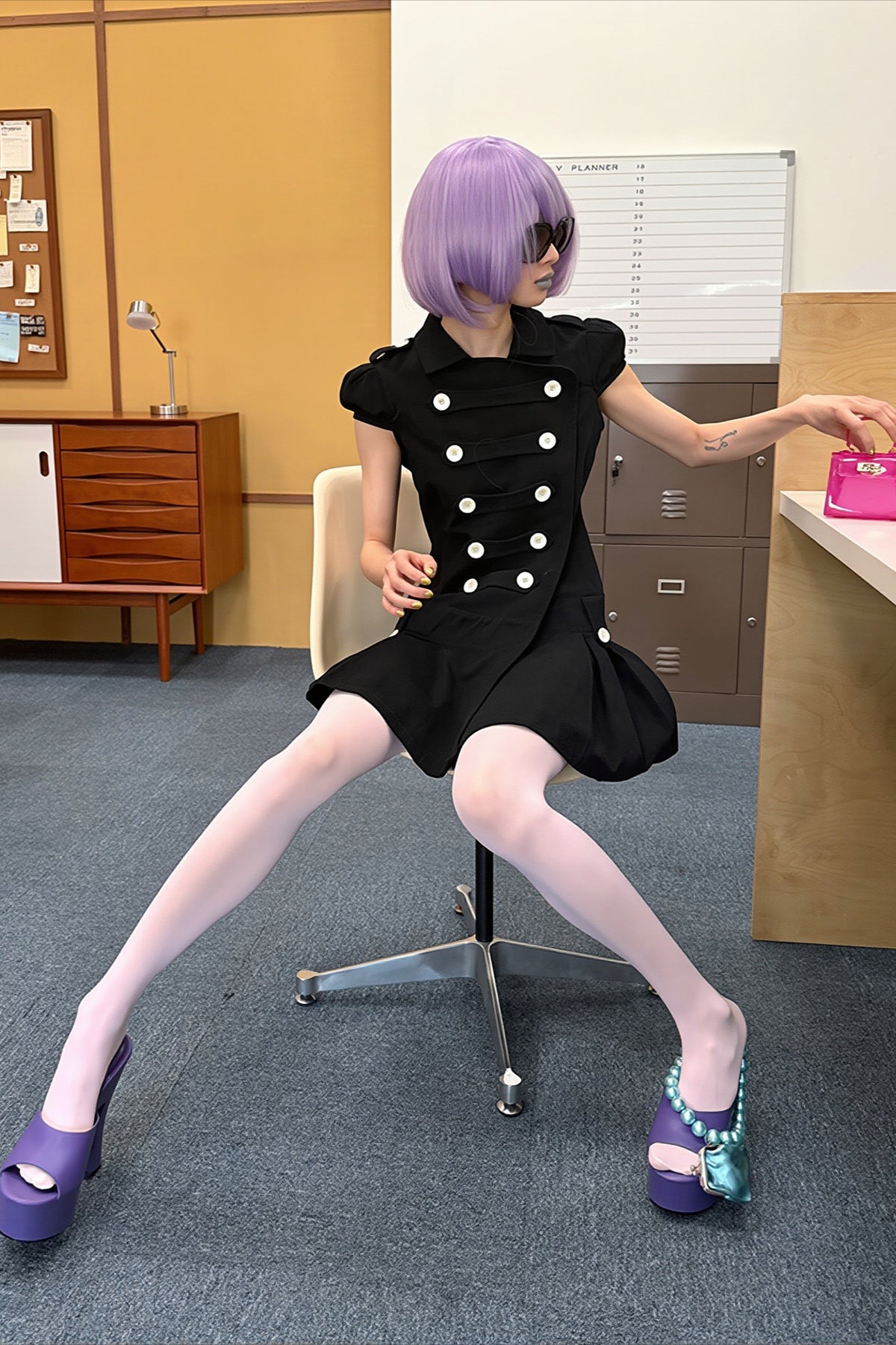 Double Breasted Y2K Puff Sleeve Mini Dress