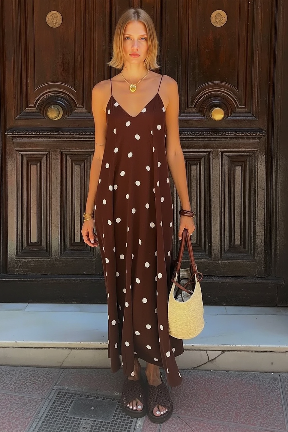 Polka Dot V Neck Open Back Loose Maxi Slip Dress Secondary image