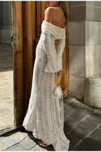 Off Shoulder Ruched Lace Flare Sleeve Bodycon Dress