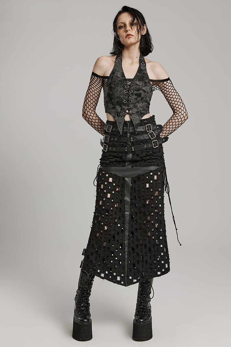 Women's Cross Hollowed Tattered Punching Slit Rock Letter Buckle Adjustable Eyelet Half Skirt Main image