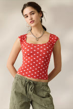 Printed Ribbed Square Neck Fitted Crop Top