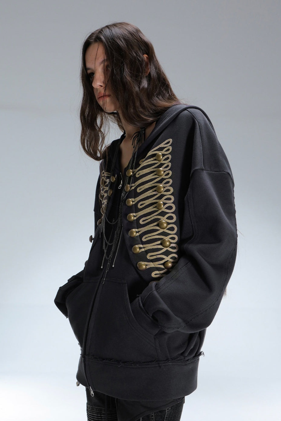 Gold Military Braid Oversized Zip Hoodie