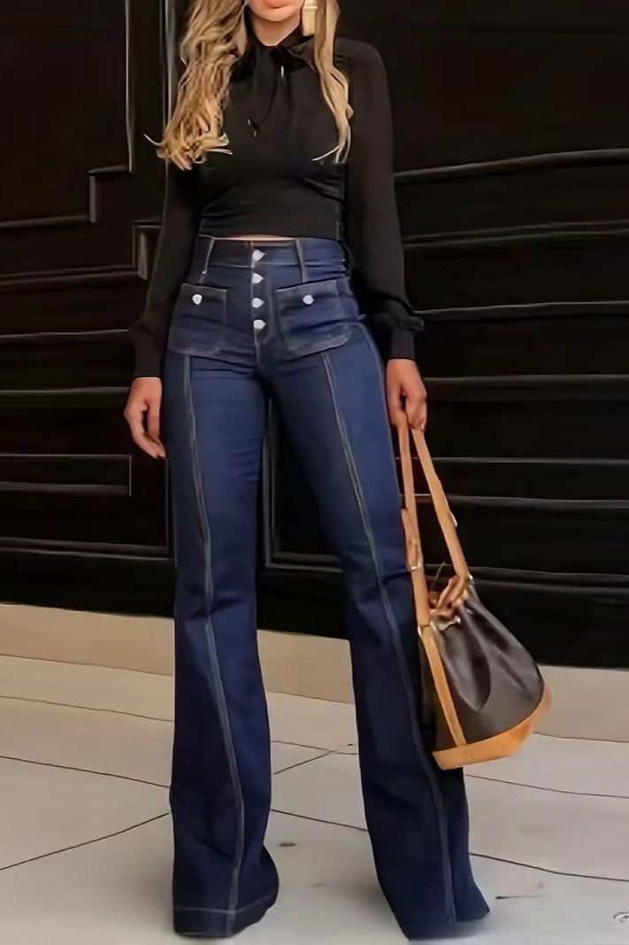 High Waist Button Front Patchwork Slim Kick Flare Jeans Main image