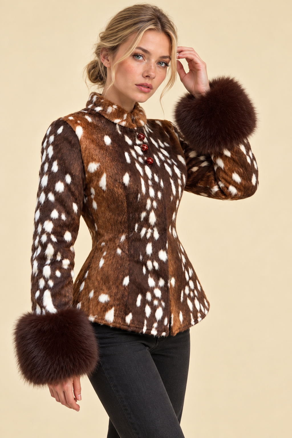 Fur Cuff Animal Print Fitted Coat Secondary image