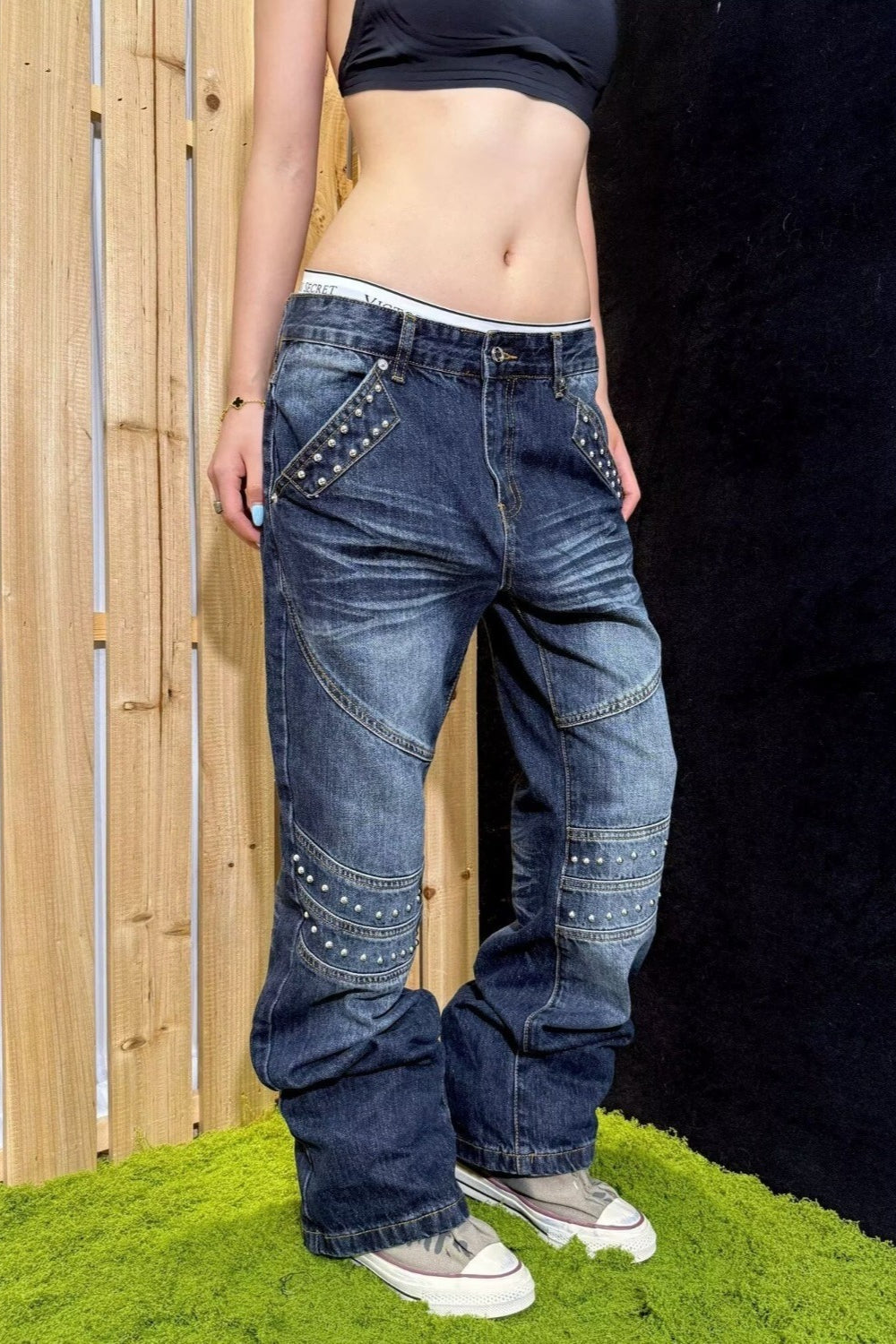 Rhinestone Washed Loose Straight Leg Jeans
