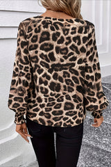 Leopard Print V Neck Chiffon Loose Long Sleeve Blouse