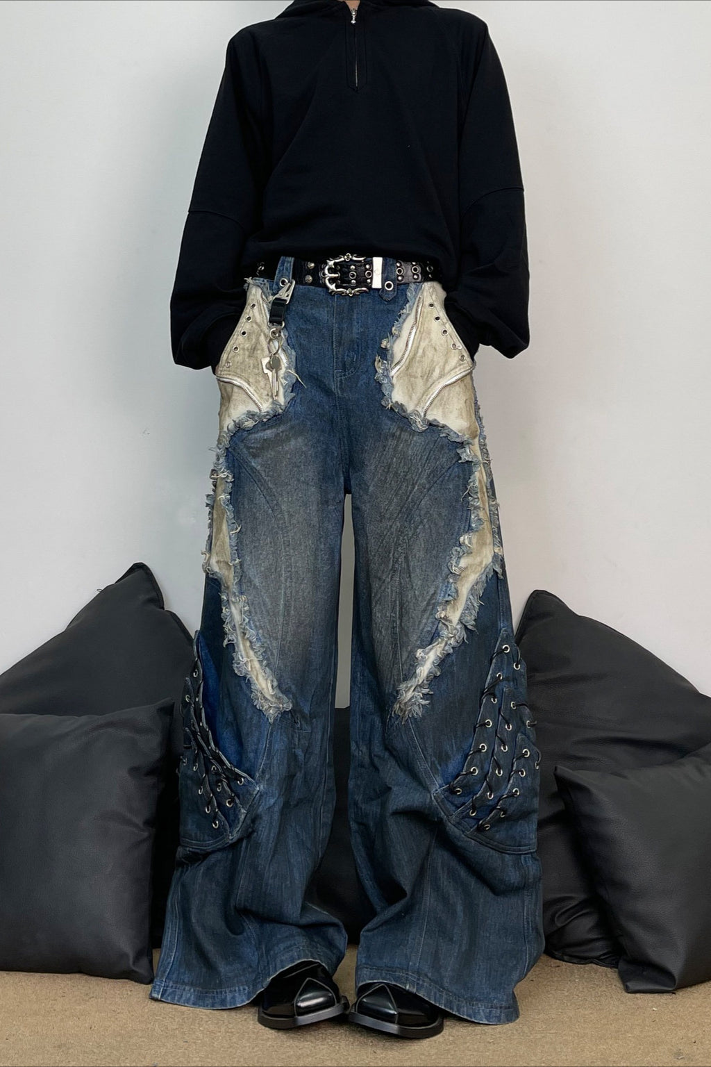 Deconstructed Patchwork Wide Leg Cargo Jeans