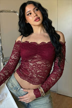 Off Shoulder Lace Sheer Long Sleeve T-shirts