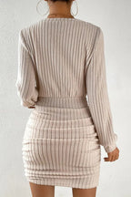 Ribbed V Neck Long Sleeve Ruched Mini Dress