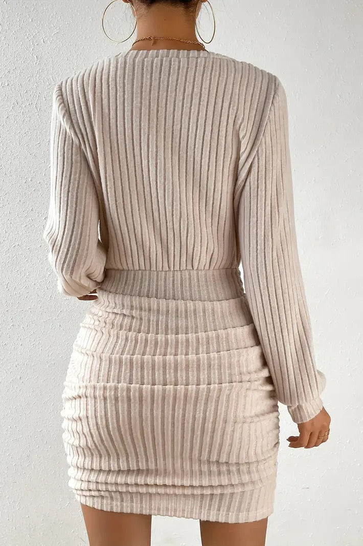 Ribbed V Neck Long Sleeve Ruched Mini Dress