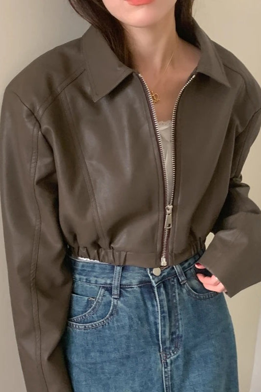 French Design Zipper Crop Leather Jacket Main image