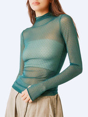 Mock Neck Mesh Long Sleeve Retro See Through Sheer Top